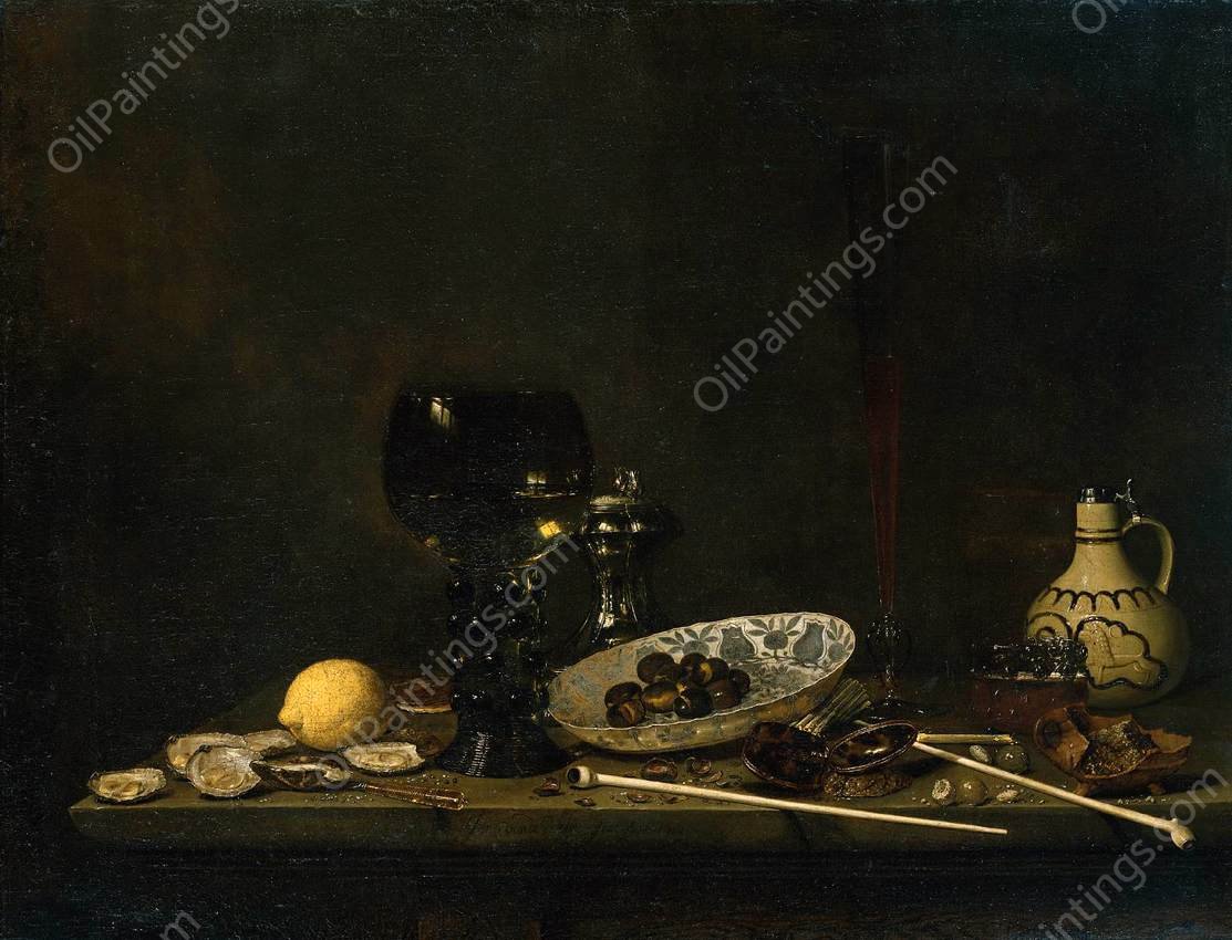 Still-Life with Romer, Flute Glass, Earthenware Jug and Pipes by Jan Jansz Van De Velde - Hand-Painted Oil Painting Reproduction