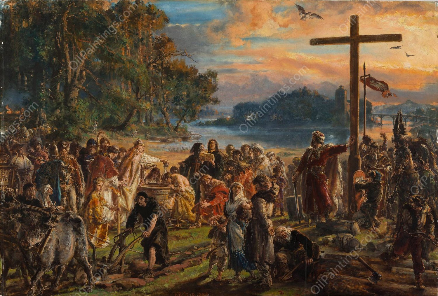 Adoption of Christianity, 965 AD, from the series 'History of Civilization in Poland'  by Jan Matejko - Hand-Painted Oil Painting Reproduction