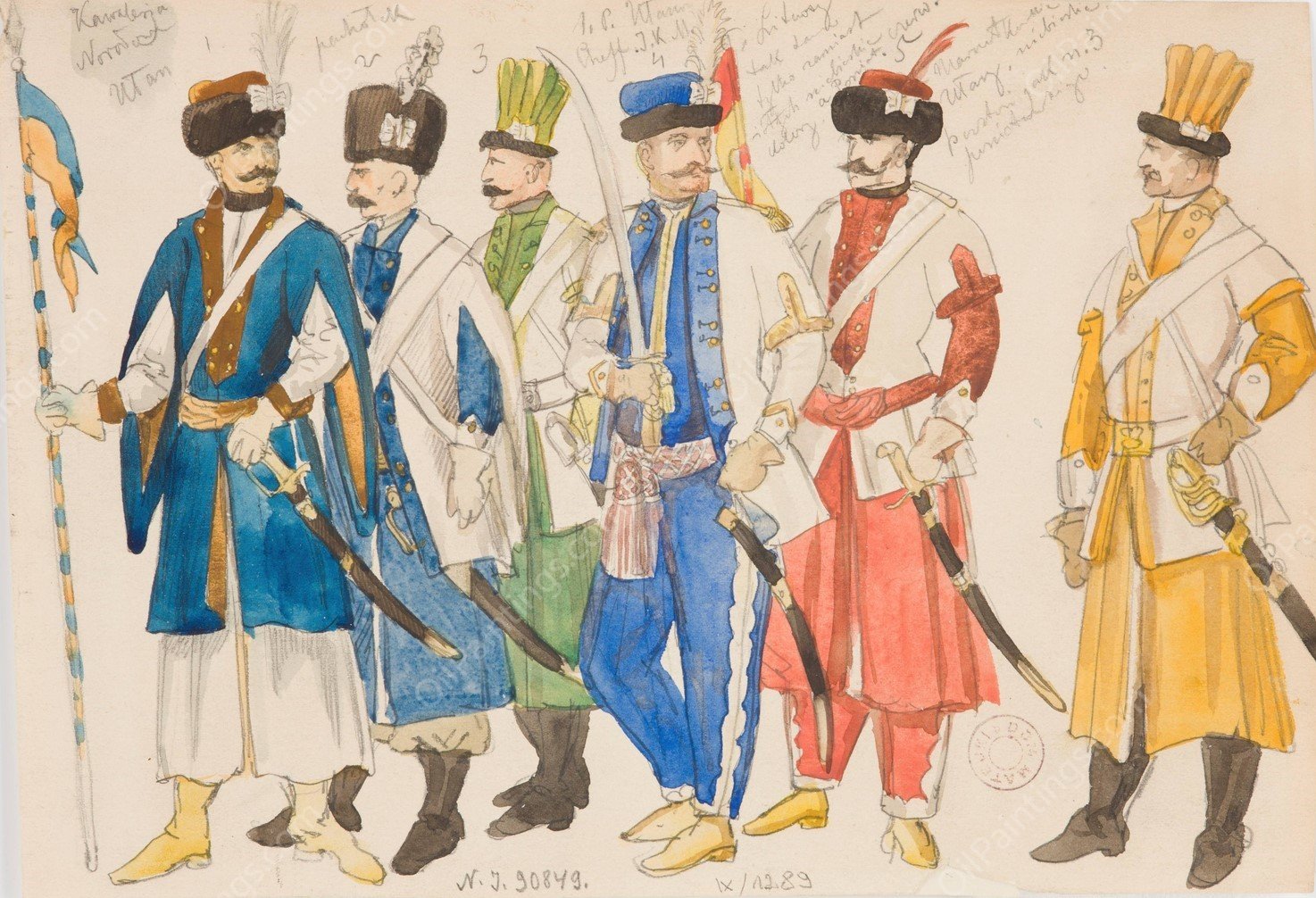Studia kostiumowe - Szereg postaci meskich w strojach wojskowych  by Jan Matejko - Hand-Painted Oil Painting Reproduction