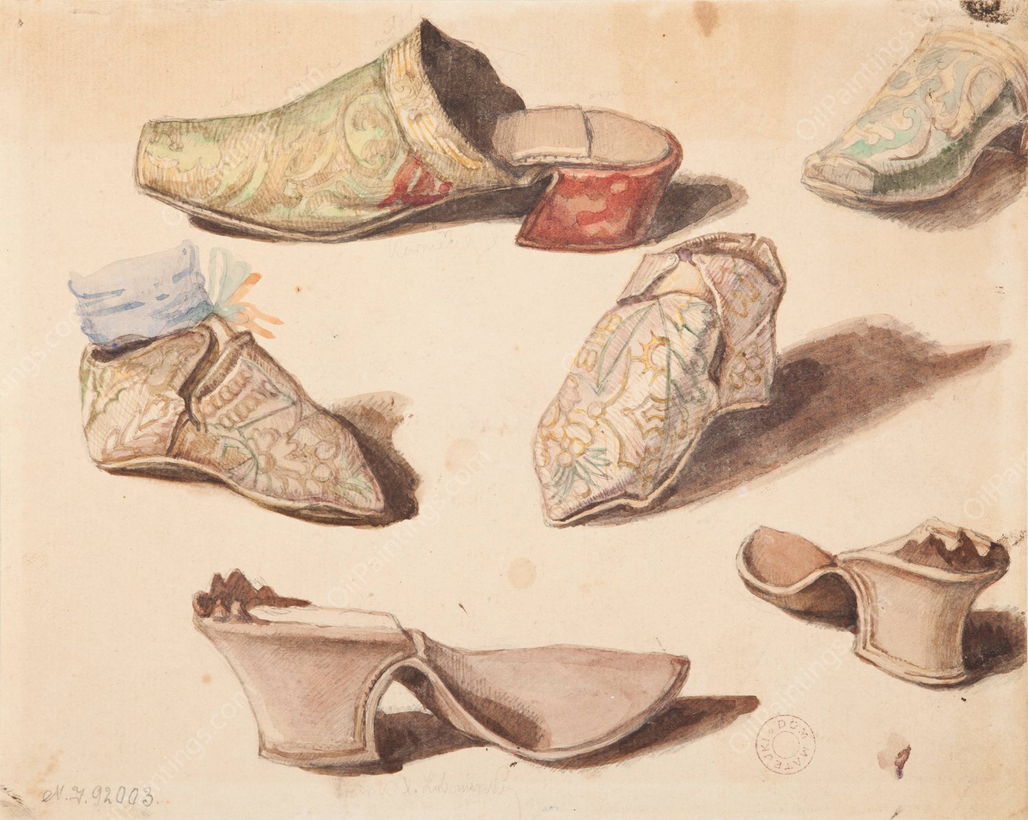 Studia kostiumowe - SzeSc trzewikow rysowanych podczas otwarcia grobow w koSciele OO.Karmelitow w WiSniczu  by Jan Matejko - Hand-Painted Oil Painting Reproduction