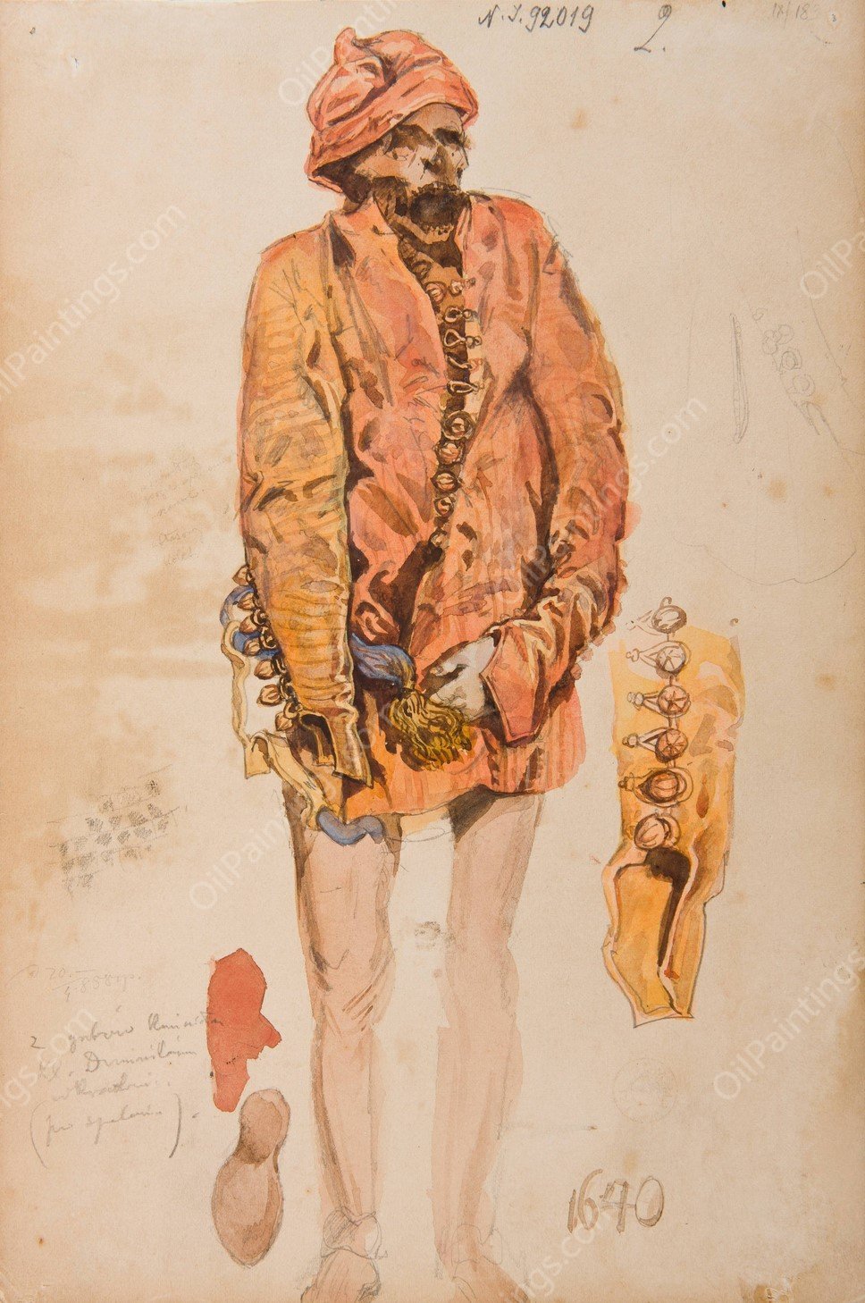 Studia kostiumowe z XVII w. - Zwloki mezczyzny w czerwonym zupanie; szkice rekawa i trzewika  by Jan Matejko - Hand-Painted Oil Painting Reproduction