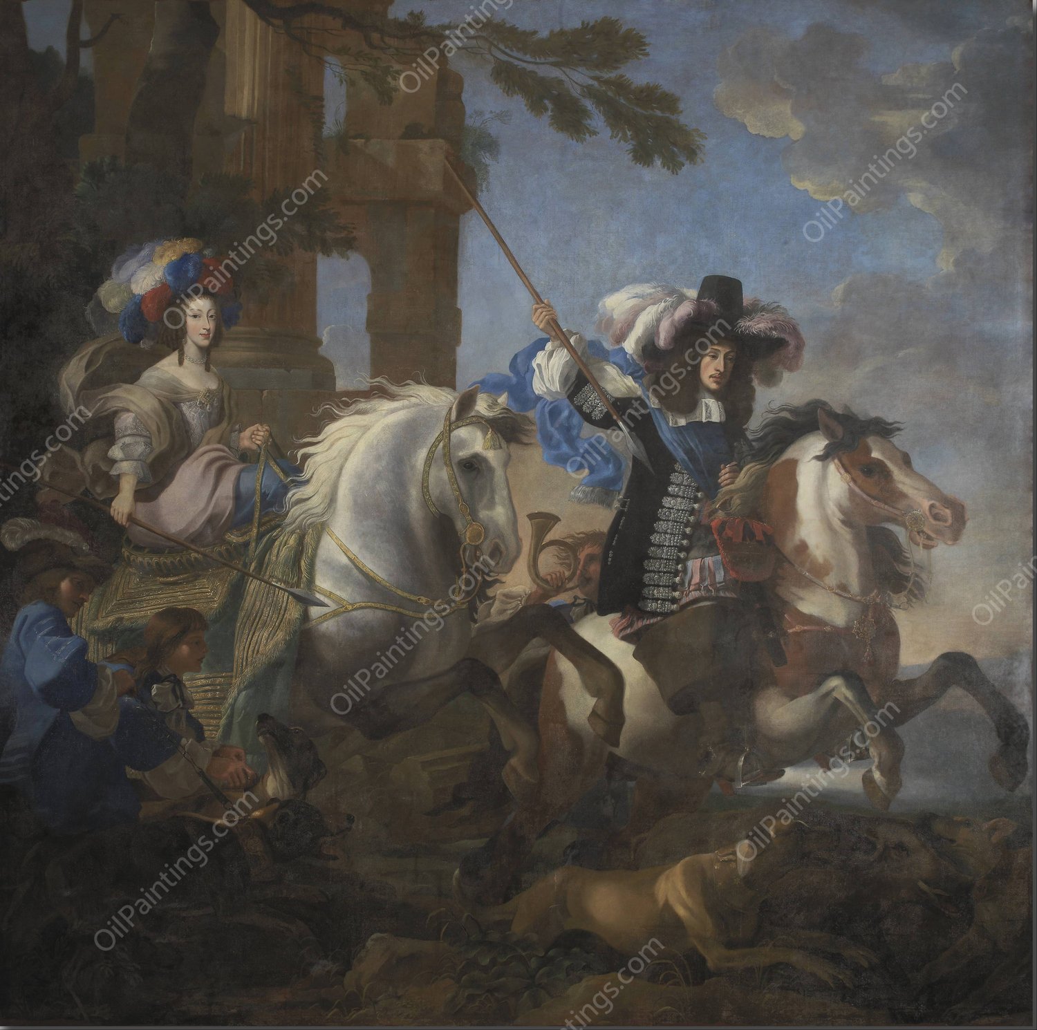 Henriette Adelaide of Savoy and Ferdinand of Bavaria on Horseback  by Jan Miel - Hand-Painted Oil Painting Reproduction