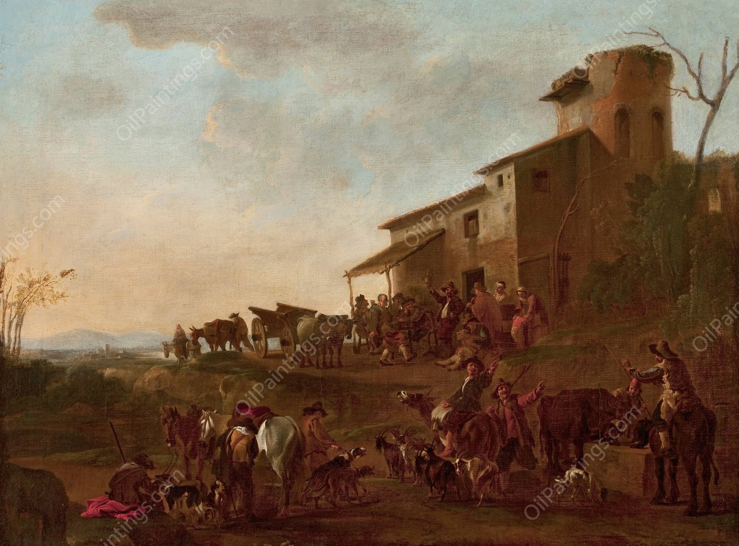 Scene in front of a tavern by Jan Miel - Hand-Painted Oil Painting Reproduction