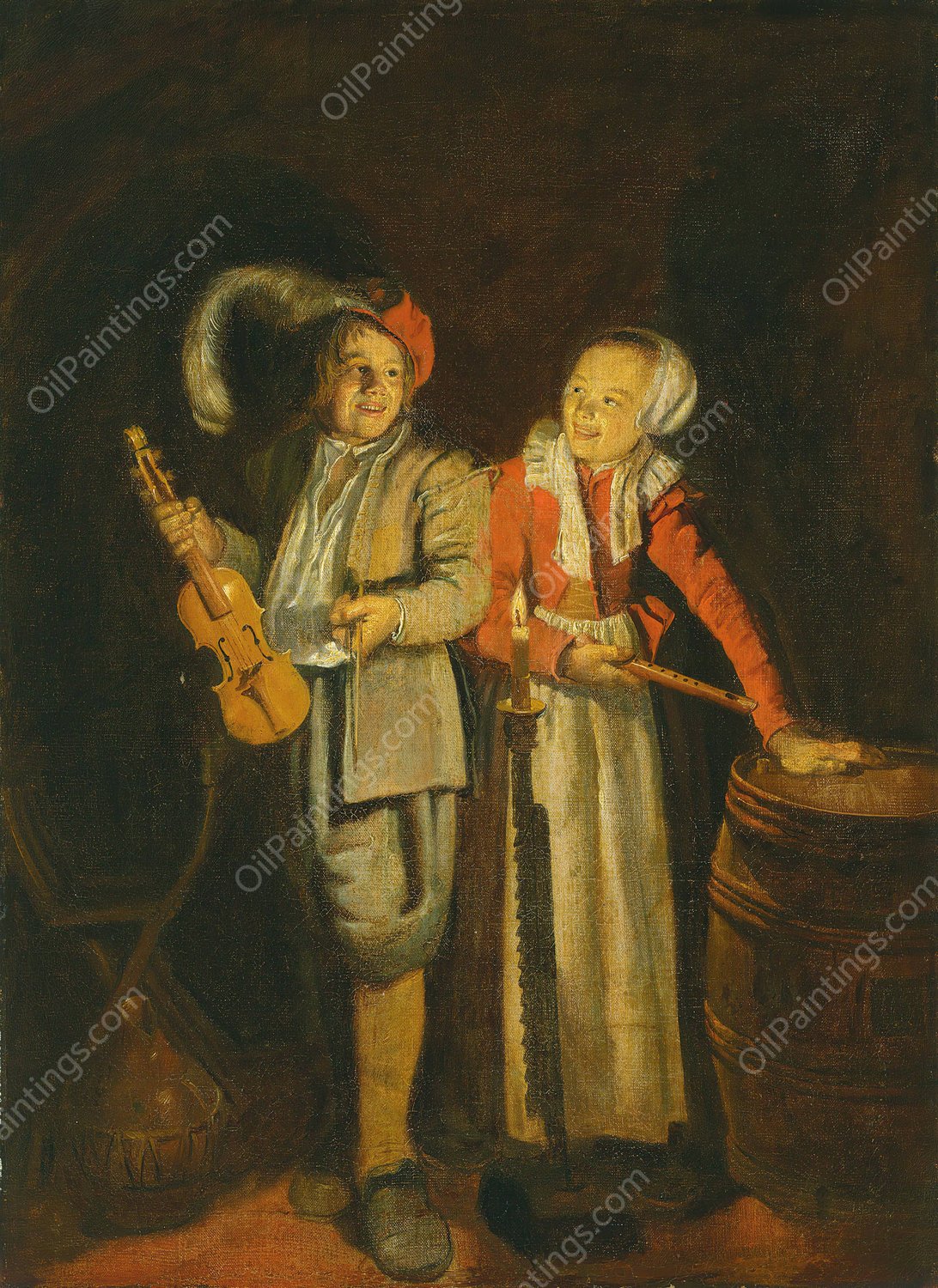 A boy and a girl playing music by candlelight by Jan Miense Molenaer - Hand-Painted Oil Painting Reproduction