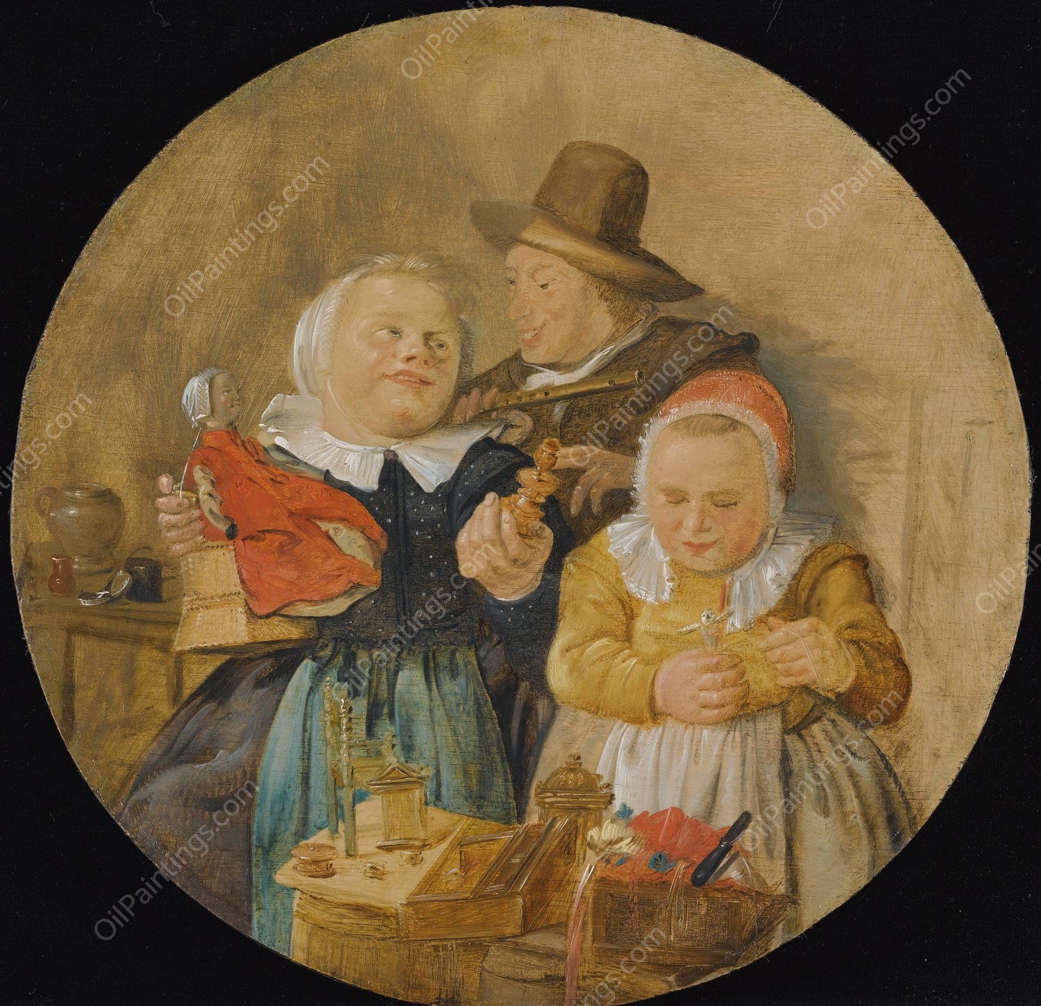 An Interior With A Man Holding A Flute, And Two Children Playing With Their Toys by Jan Miense Molenaer - Hand-Painted Oil Painting Reproduction