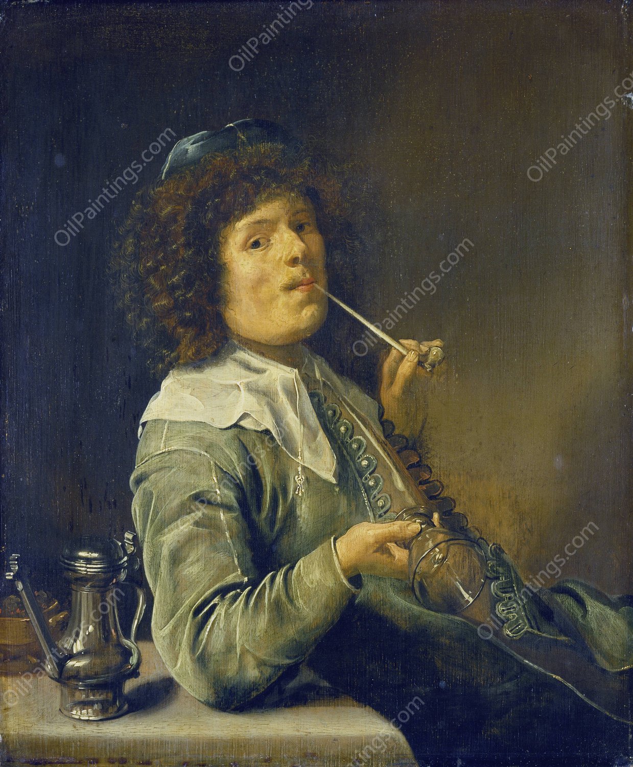 Man Smoking and Holding an Empty Wine Glass  by Jan Miense Molenaer - Hand-Painted Oil Painting Reproduction