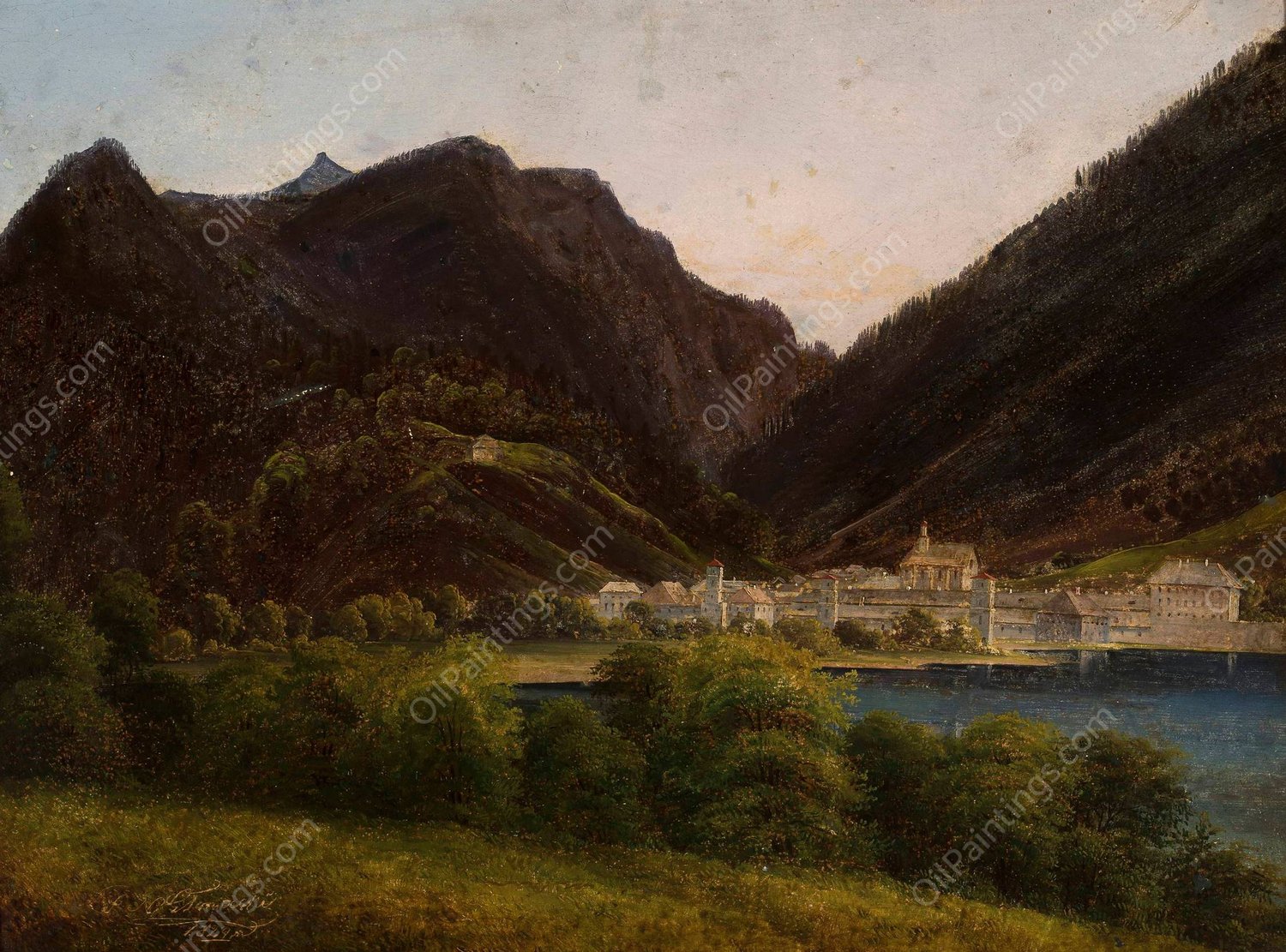 View of the city in the valley  by Jan Nepomucen Glowacki - Hand-Painted Oil Painting Reproduction