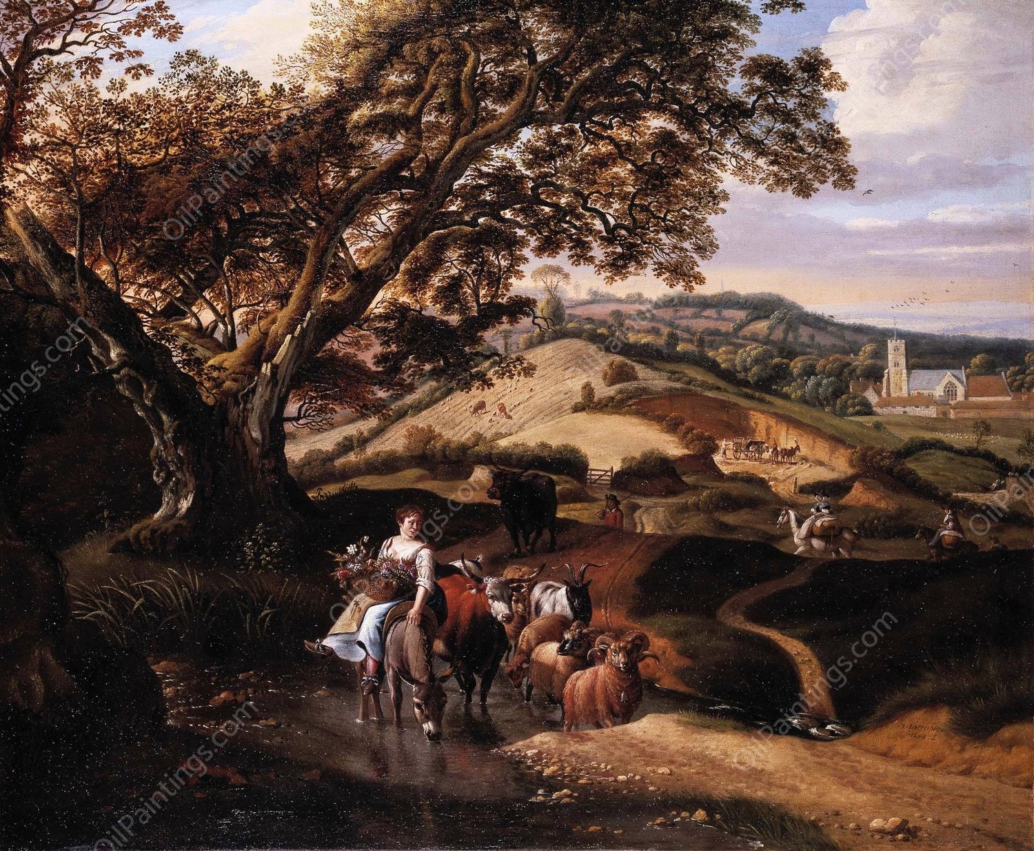 A Pastoral Landscape  by Jan Siberechts - Hand-Painted Oil Painting Reproduction