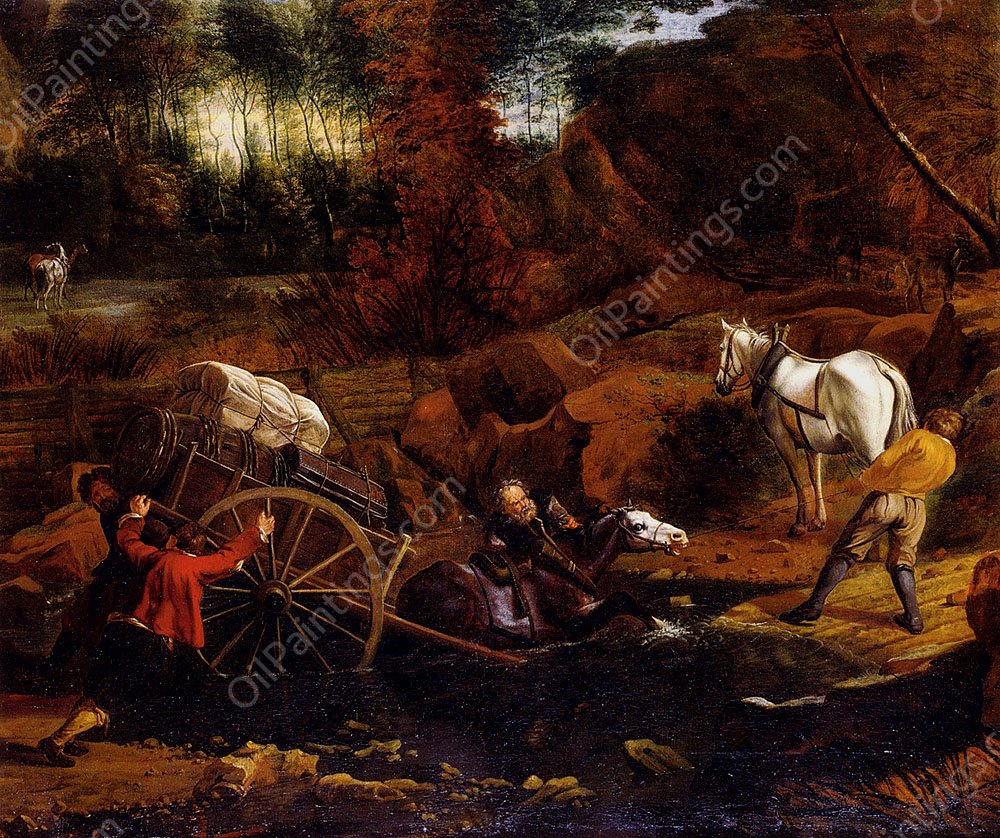 Figures With A Cart And Horses Fording A Stream by Jan Siberechts - Hand-Painted Oil Painting Reproduction