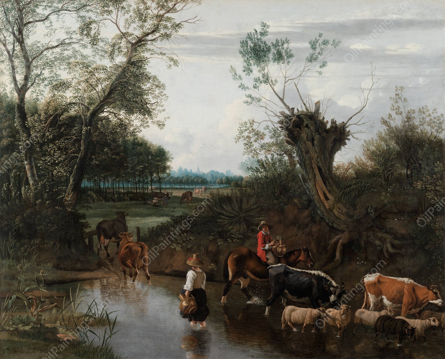 Peasants Crossing a Stream  by Jan Siberechts - Hand-Painted Oil Painting Reproduction