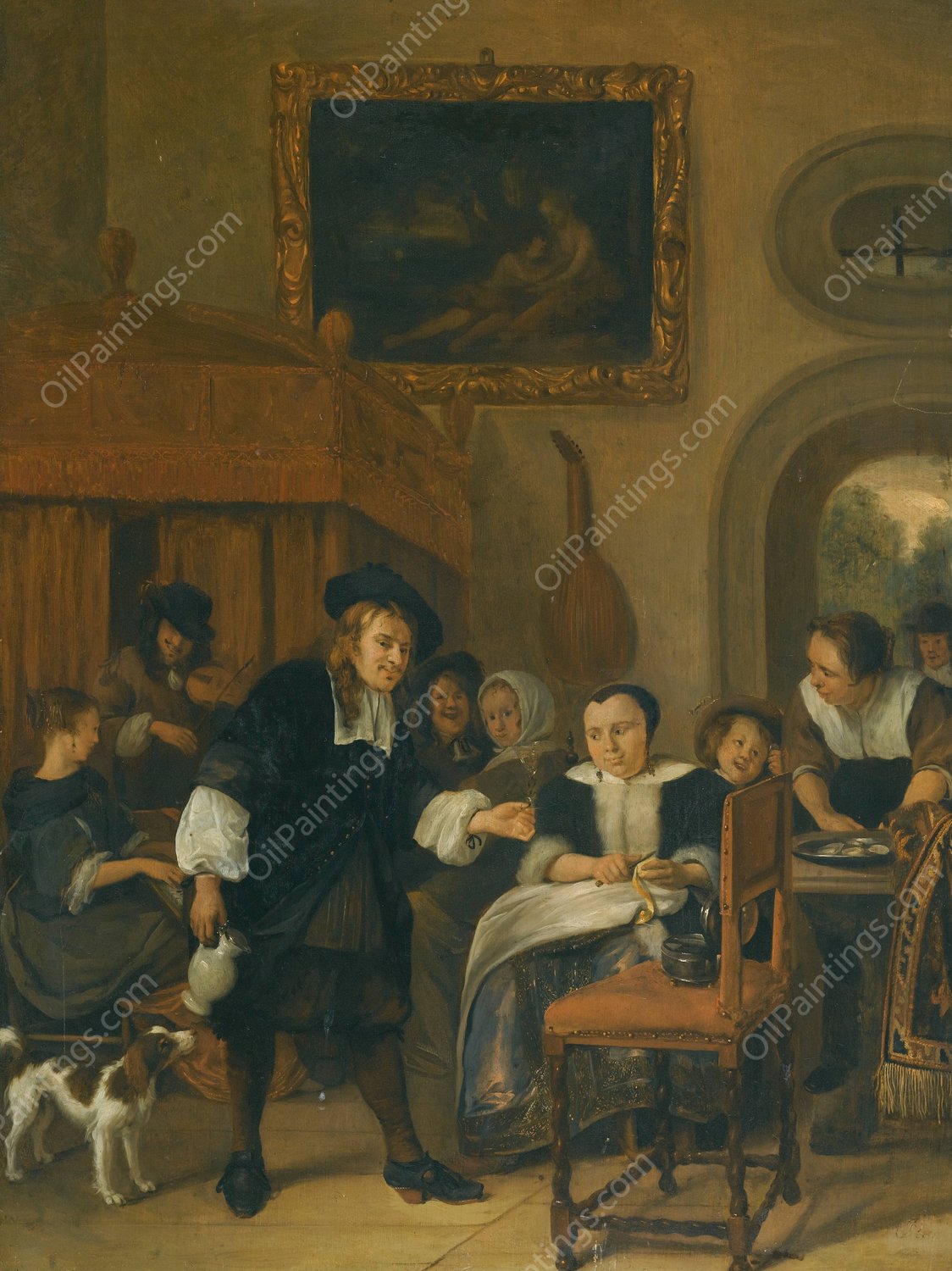 A Gentleman Offering A Lady A Glass Of Wine With A Couple Making Music And Other Townsfolk In An Interior by Jan Steen - Hand-Painted Oil Painting Reproduction