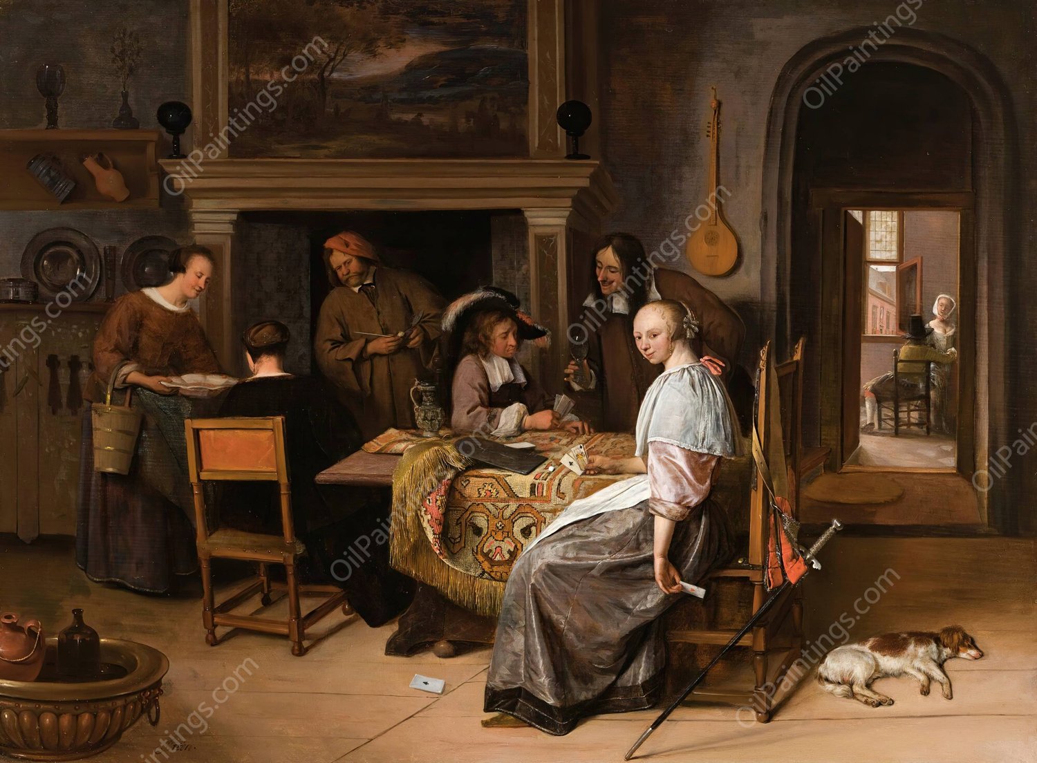 An Elegant Company In An Interior With Figures Playing Cards At A Table by Jan Steen - Hand-Painted Oil Painting Reproduction