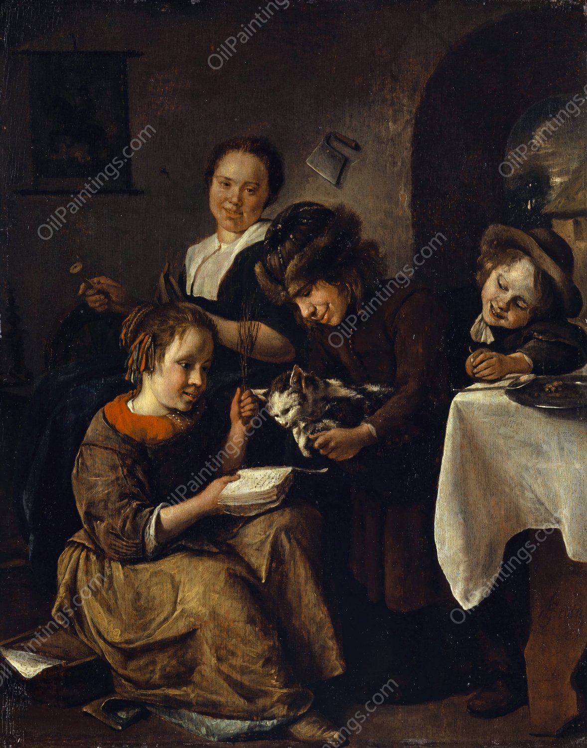 Children Teaching a Cat to Read  by Jan Steen - Hand-Painted Oil Painting Reproduction