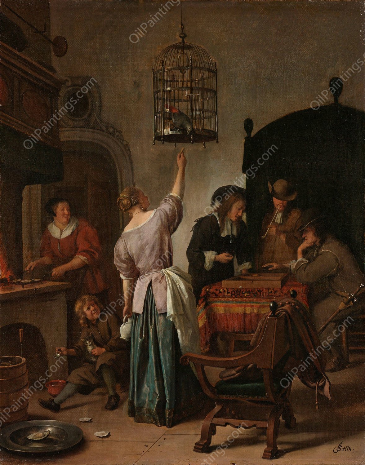 Interior with a Woman Feeding a Parrot, Known as 'The Parrot Cage' by Jan Steen - Hand-Painted Oil Painting Reproduction