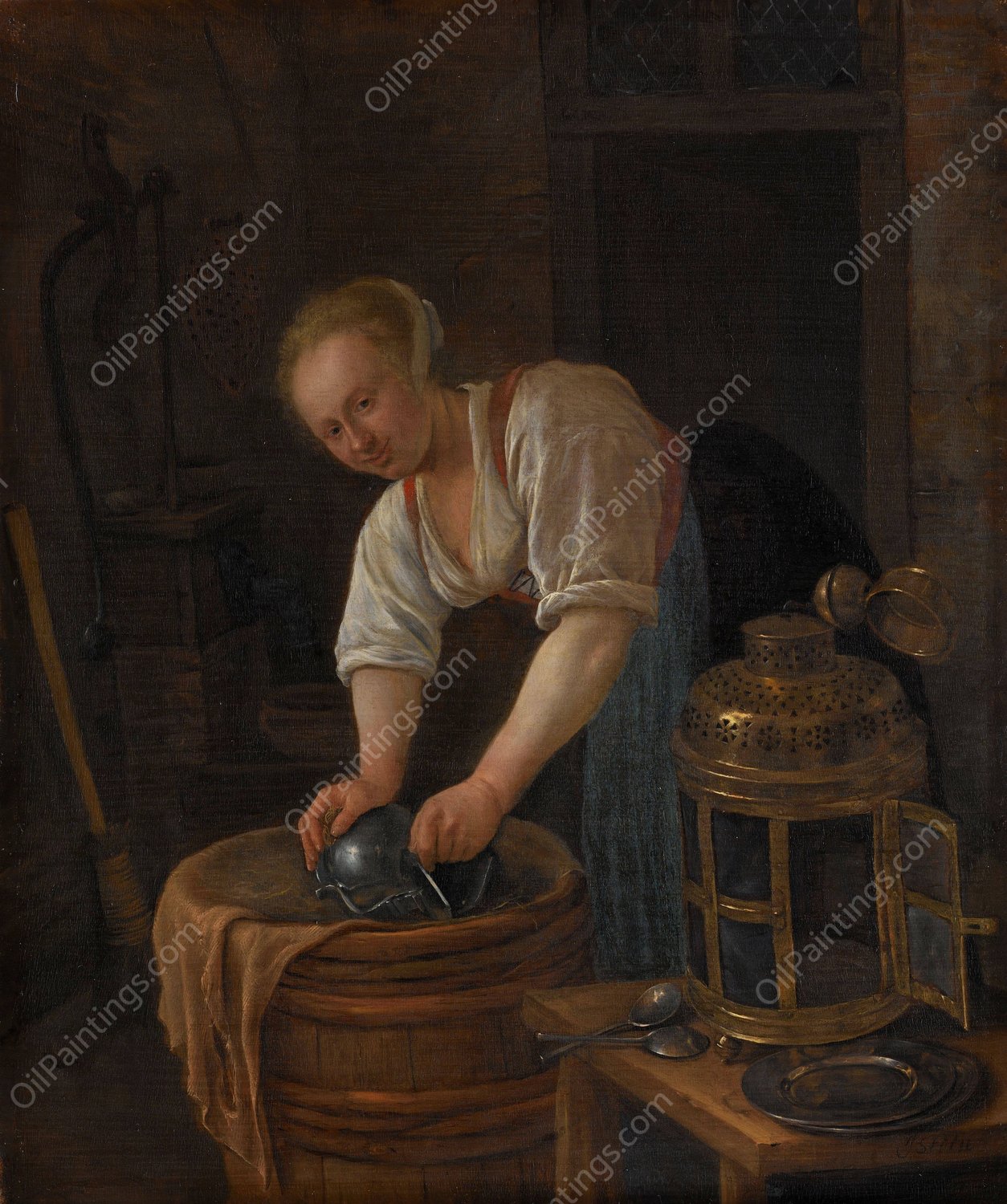 Woman scouring metalware  by Jan Steen - Hand-Painted Oil Painting Reproduction