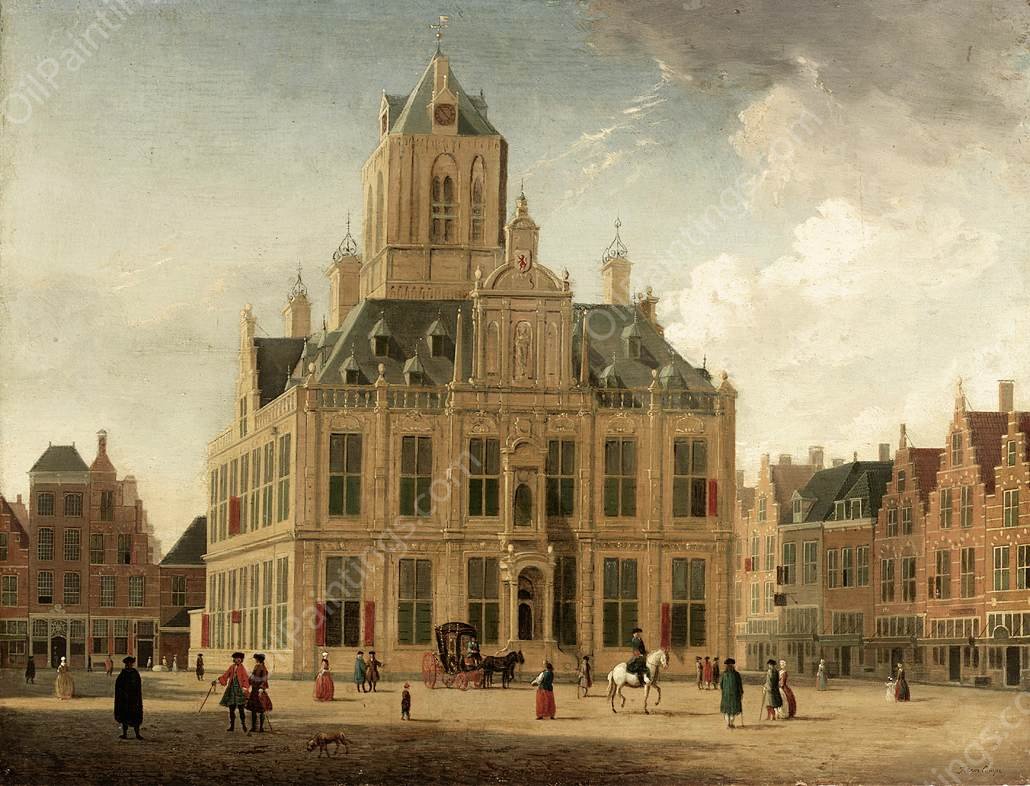 Delft: A View of the Town Hall Seen from the Grote Market by Jan Ten Compe - Hand-Painted Oil Painting Reproduction