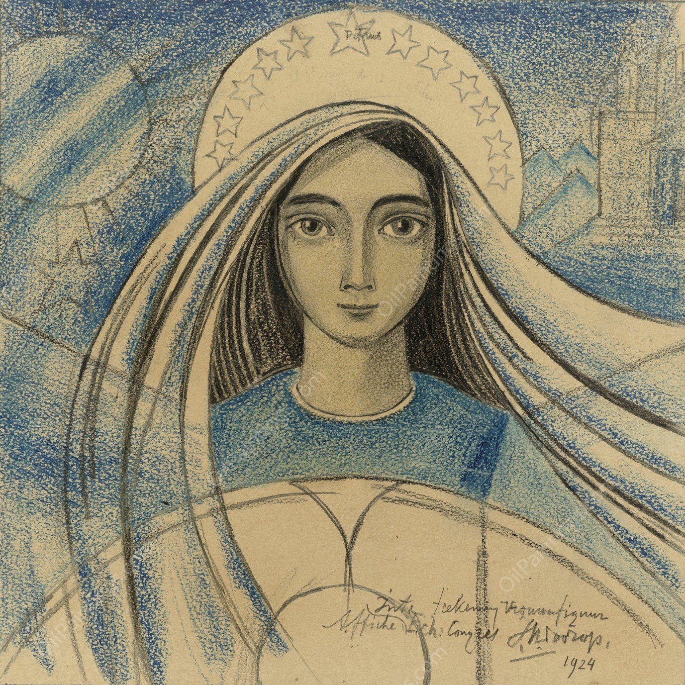 Detailontwerp van een vrouwenhoofd voor een affiche voor het Internationaal Eucharistisch Congres gehouden te Amsterdam van 22-27 juli 1924  by Jan Toorop - Hand-Painted Oil Painting Reproduction