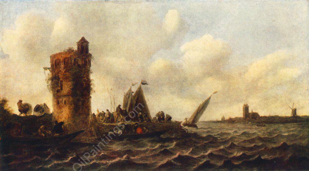 A View on the Maas near Dordrecht by Jan Van Goyen - Hand-Painted Oil Painting Reproduction