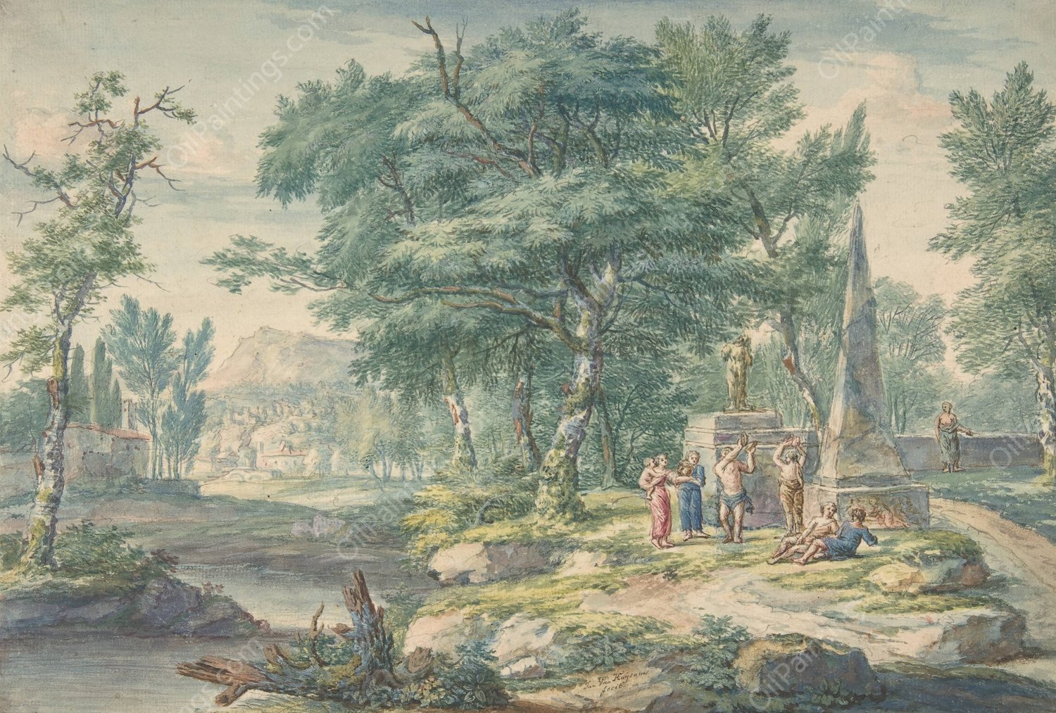 Arcadian Landscape with Figures Making Music  by Jan Van Huysum - Hand-Painted Oil Painting Reproduction