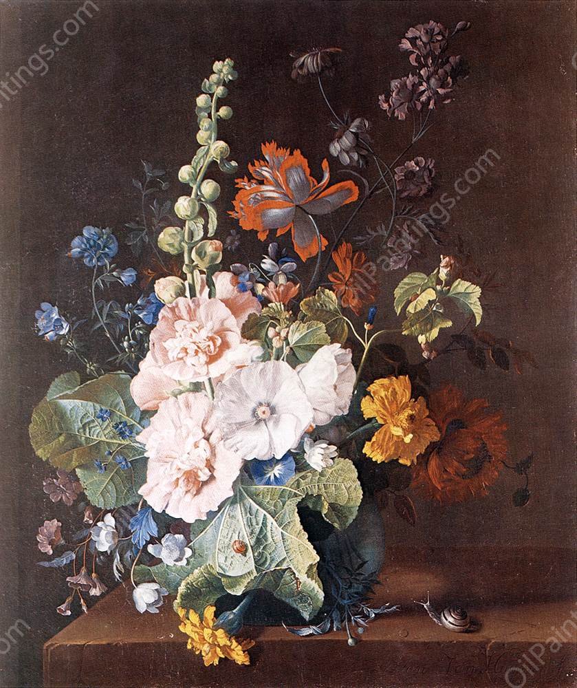 Hollyhocks and Other Flowers in a Vase by Jan Van Huysum - Hand-Painted Oil Painting Reproduction