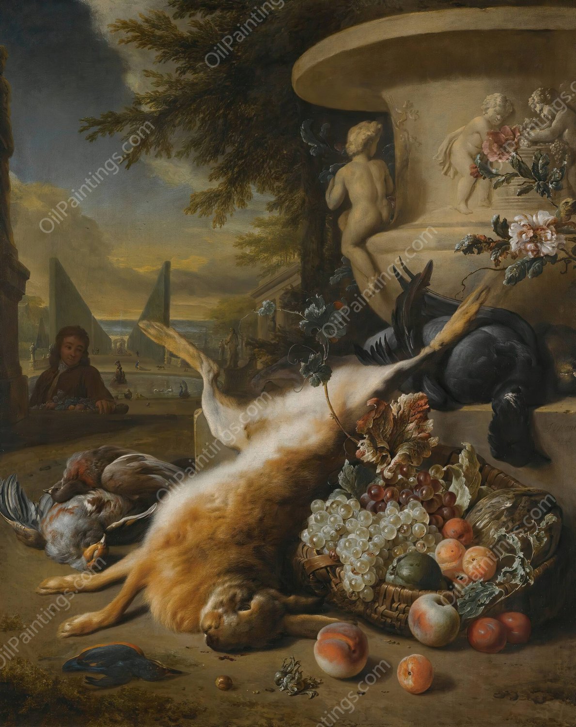 A Still Life Of Game Birds, Grouse, A Hare And A Kingfisher, With A Basket Of Fruit At The Foot Of A Stone Urn, An Ornamental Garden With A Fountain Beyond by Jan Weenix - Hand-Painted Oil Painting Reproduction
