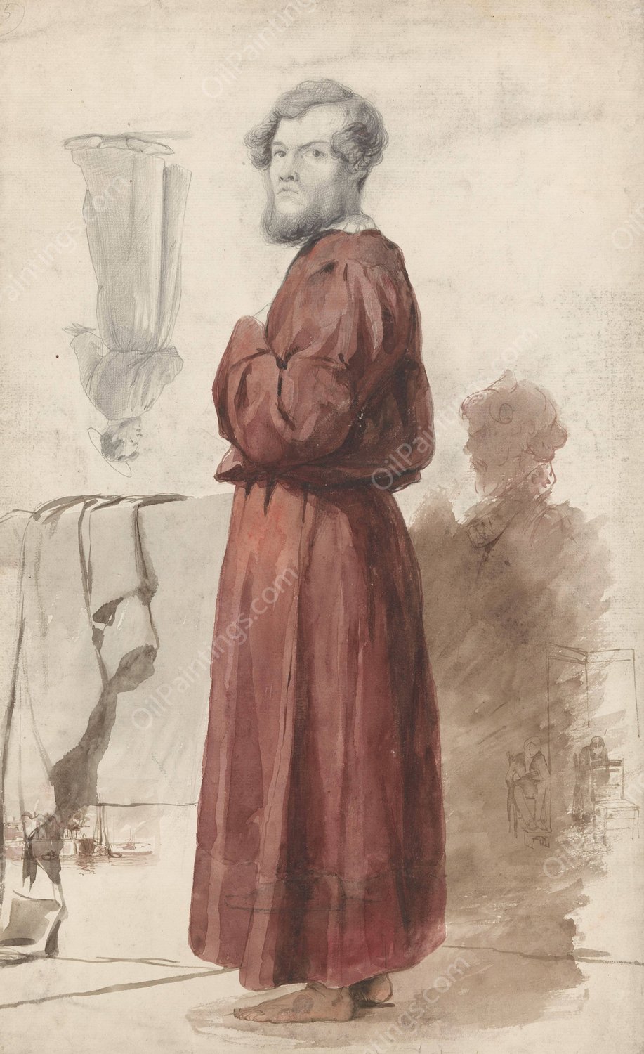 Figuurstudies met een staande man in rode kamerjas  by Jan Weissenbruch - Hand-Painted Oil Painting Reproduction