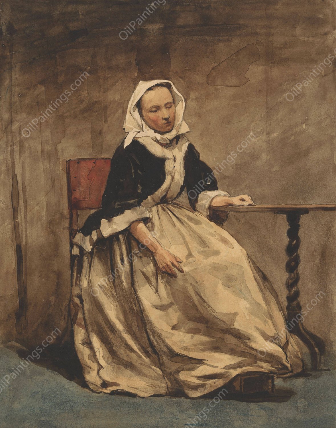 Zittende vrouw naast een kleine tafel  by Jan Weissenbruch - Hand-Painted Oil Painting Reproduction