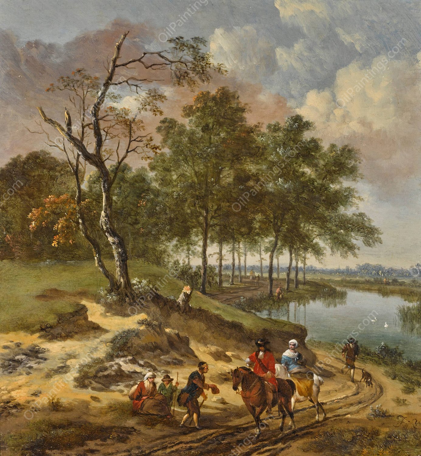 A river landscape with elegant travelers and a beggar in a dune landscape by Jan Wijnants - Hand-Painted Oil Painting Reproduction