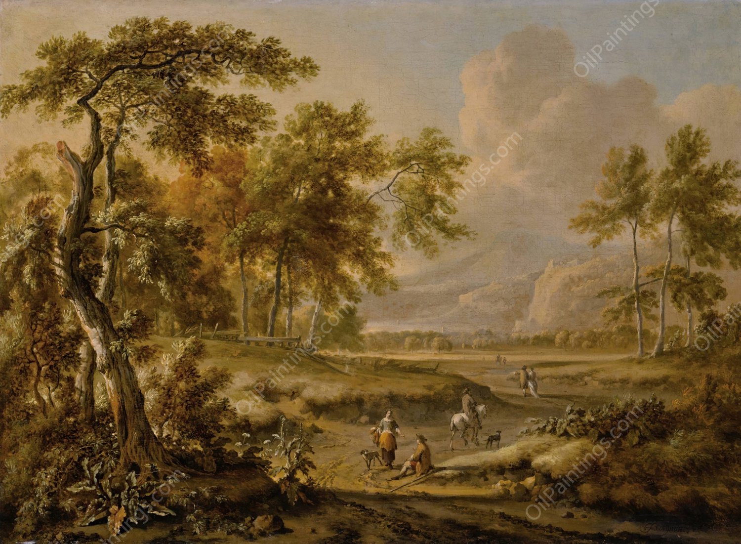 An extensive landscape with figures on a path in the foreground by Jan Wijnants - Hand-Painted Oil Painting Reproduction