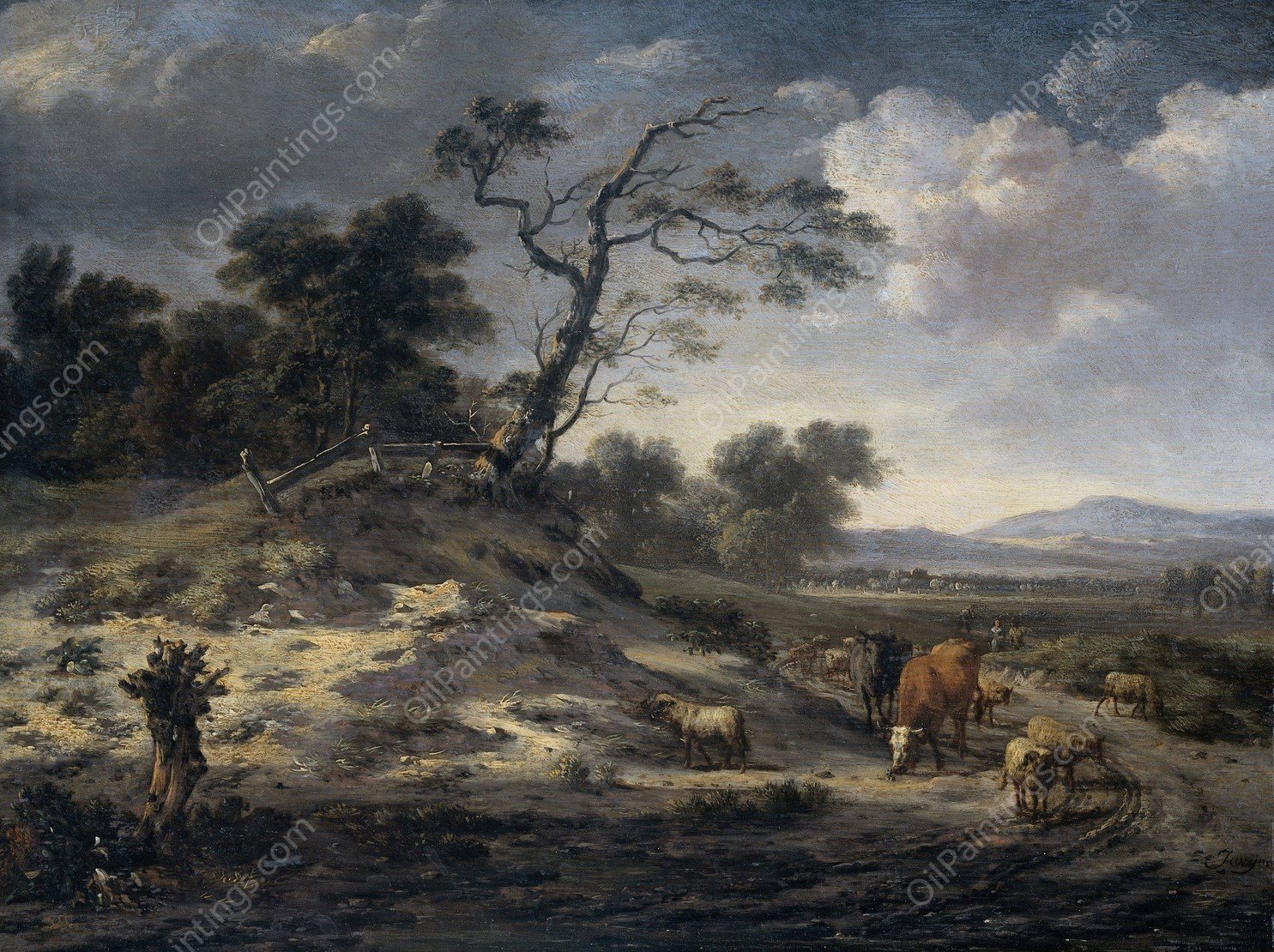 Landscape with Cattle on a Country Road  by Jan Wijnants - Hand-Painted Oil Painting Reproduction