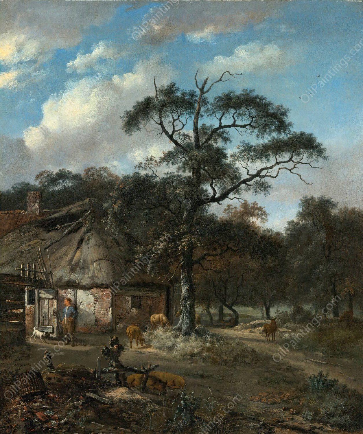 Wooded Landscape With A Boy And Animals Near A Cottage by Jan Wijnants - Hand-Painted Oil Painting Reproduction