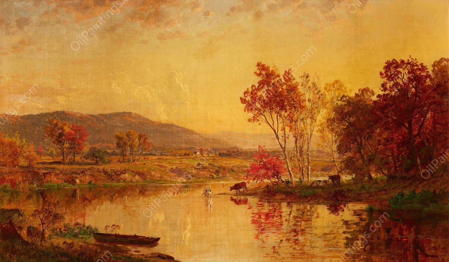An Autumn Landscape with Cattle Watering at a River  by Jasper Francis Cropsey - Hand-Painted Oil Painting Reproduction