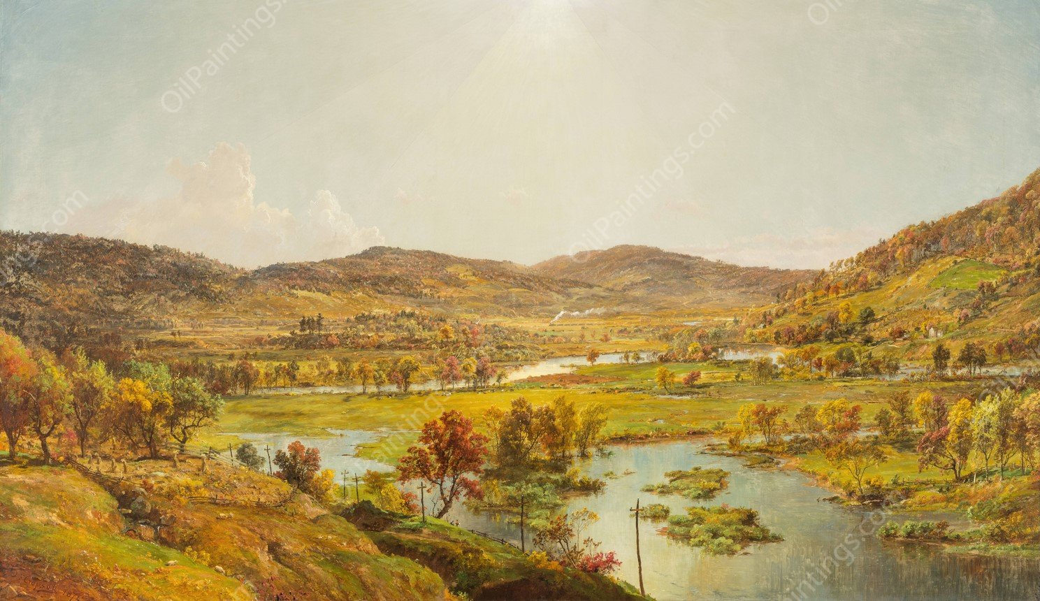 Sidney Plains with the Union of the Susquehanna and Unadilla Rivers  by Jasper Francis Cropsey - Hand-Painted Oil Painting Reproduction