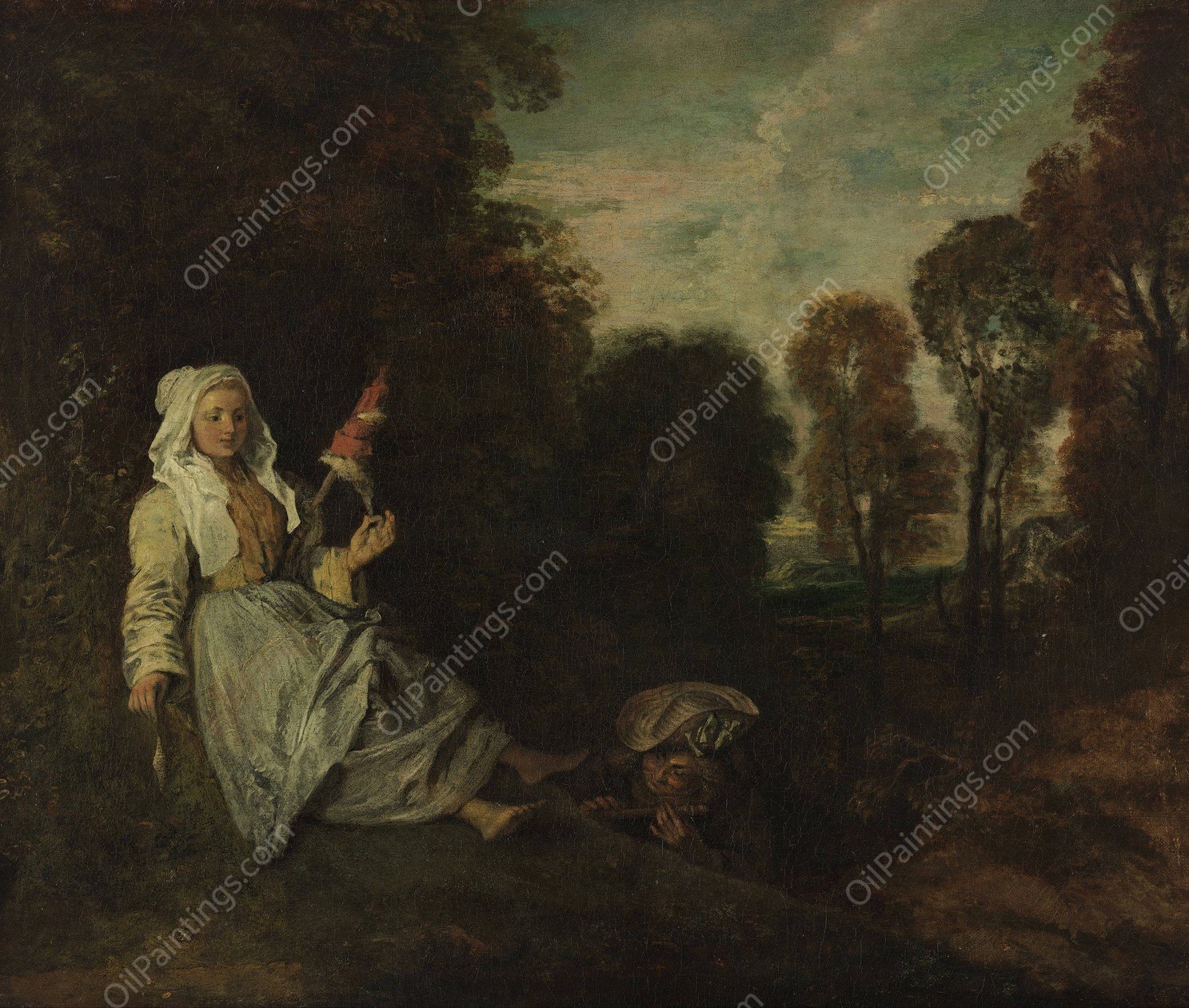 Evening Landscape with Spinner by Jean-Antoine Watteau - Hand-Painted Oil Painting Reproduction