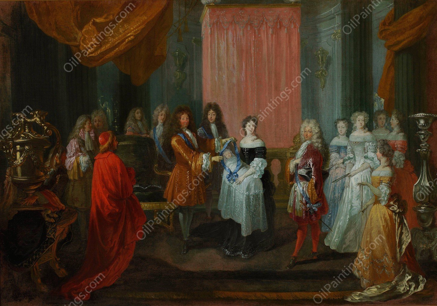 Louis XIV awards the Cordon Bleu Order to the Duke of Burgundy, father of Louis XV.  by Jean-Antoine Watteau - Hand-Painted Oil Painting Reproduction