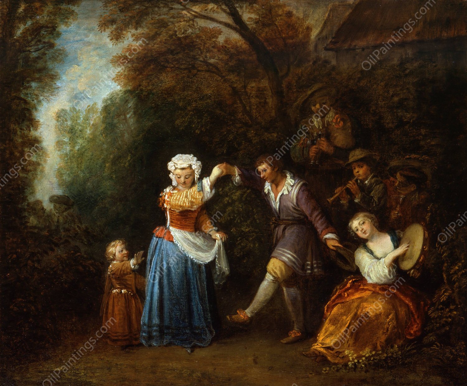 The Country Dance  by Jean-Antoine Watteau - Hand-Painted Oil Painting Reproduction
