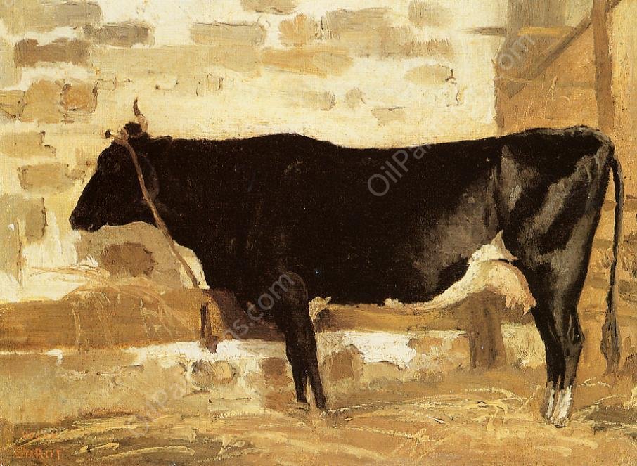 Cow in a Stable also known as The Black Cow by Jean-Baptiste-Camille Corot - Hand-Painted Oil Painting Reproduction