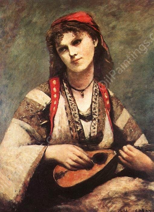 Gypsy with a Mandolin by Jean-Baptiste-Camille Corot - Hand-Painted Oil Painting Reproduction