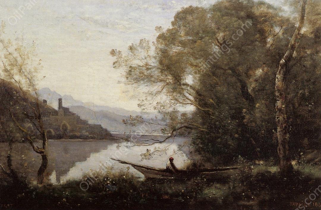 Souvenir of Italy also known as The Moored Boat by Jean-Baptiste-Camille Corot - Hand-Painted Oil Painting Reproduction