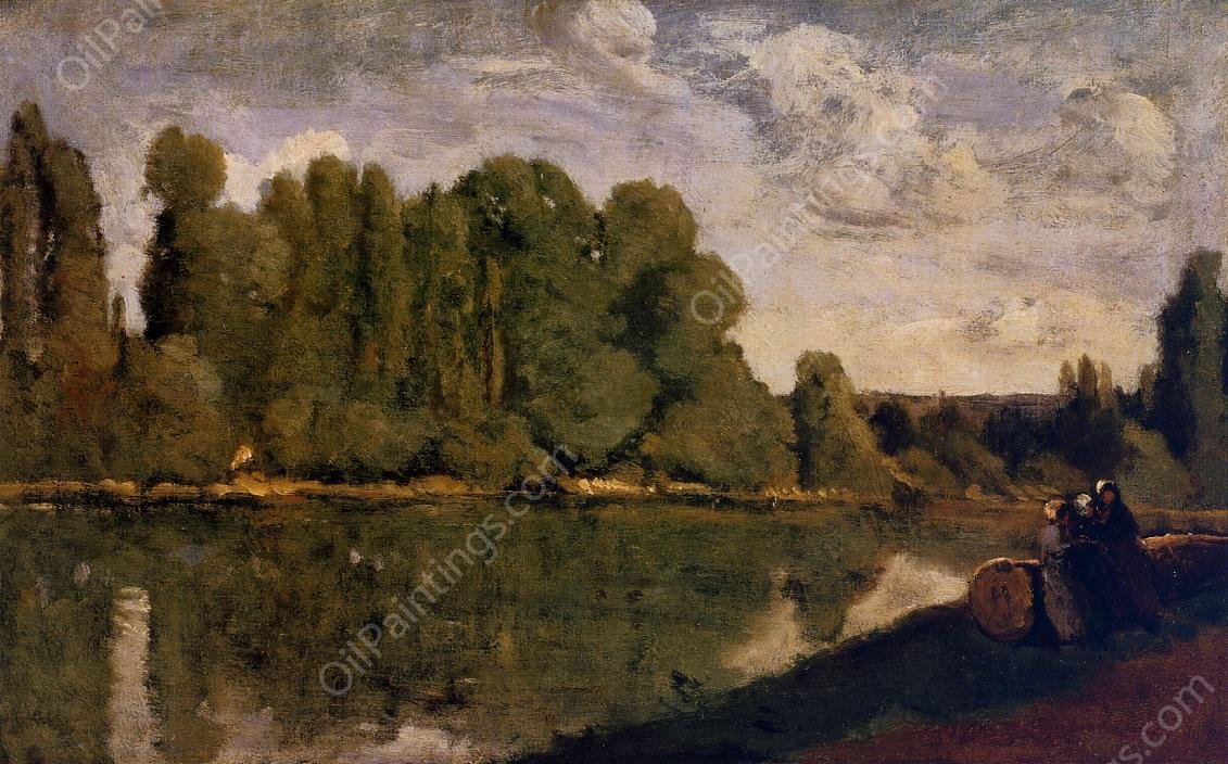 The Rhone - Three Women on the Riverbank Seated on a Tree Trunk by Jean-Baptiste-Camille Corot - Hand-Painted Oil Painting Reproduction