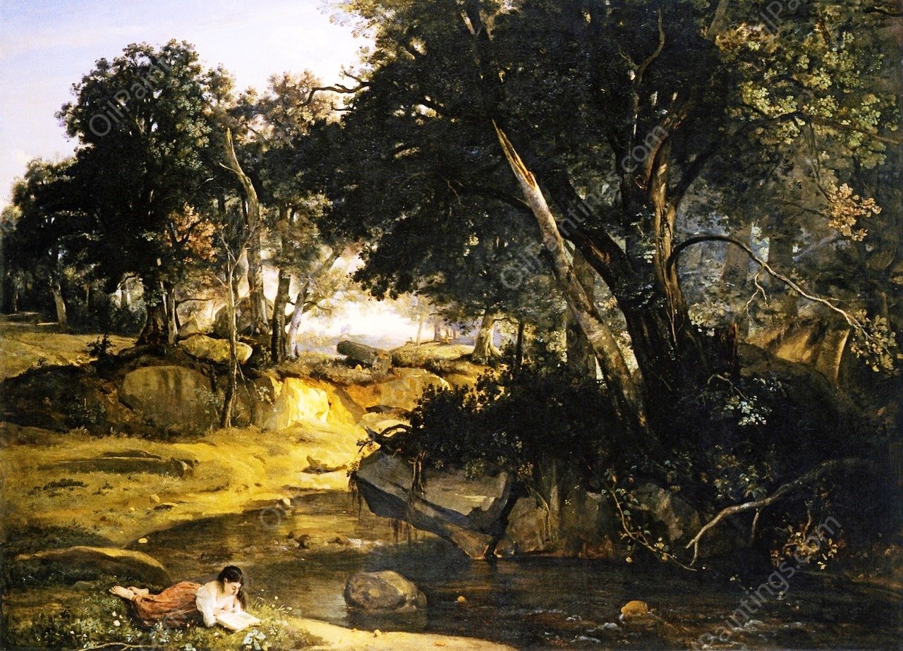 View of the Forest of Fontainebleau by Jean-Baptiste-Camille Corot - Hand-Painted Oil Painting Reproduction