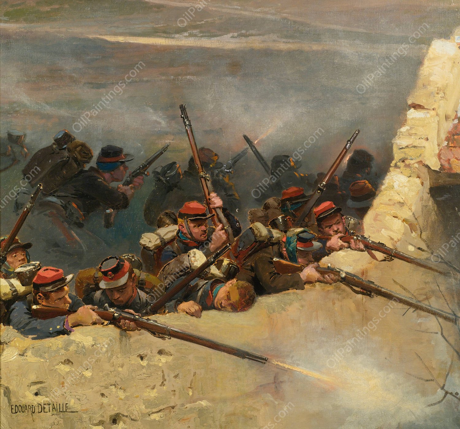 Embusques Derriere Un Mur. Fantassins De La Ligne; A Fragment From The Panorama Of The Battle Of Champigny by Jean-Baptiste Edouard Detaille - Hand-Painted Oil Painting Reproduction