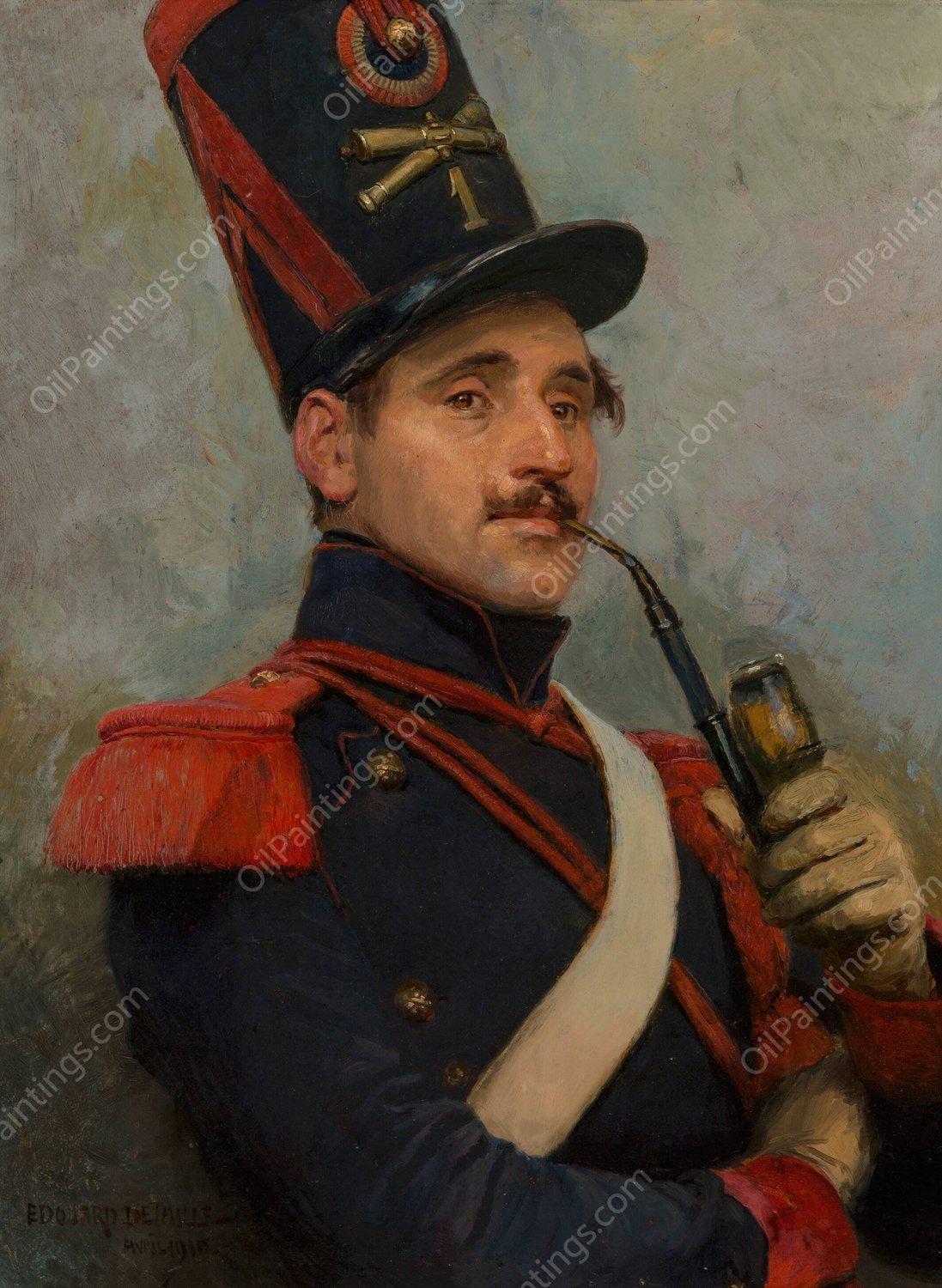 Self-portrait wearing French horse artillery enlisted men's uniform by Jean-Baptiste Edouard Detaille - Hand-Painted Oil Painting Reproduction