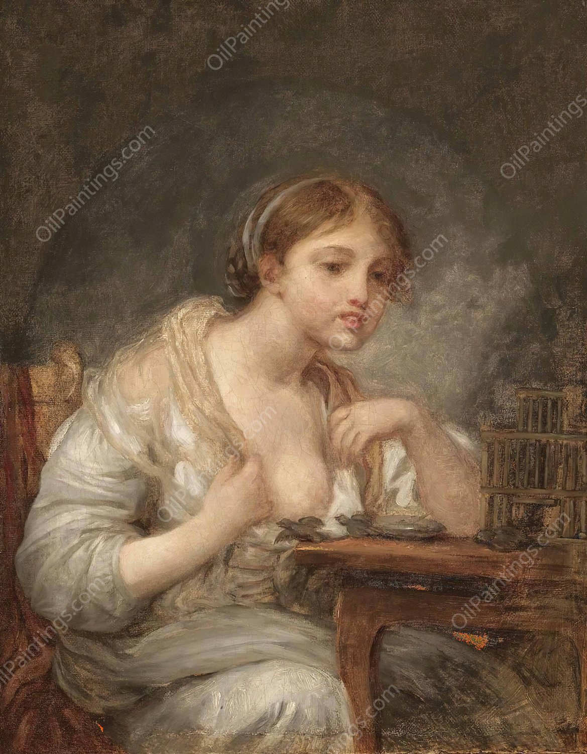 A Young Woman With a Birdcage by Jean-Baptiste Greuze - Hand-Painted Oil Painting Reproduction