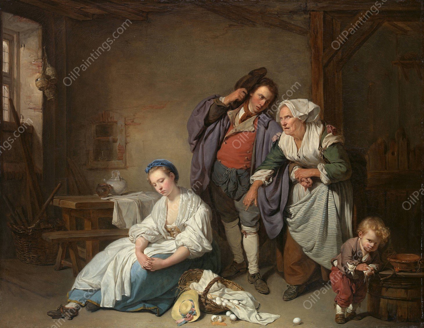 Broken Eggs  by Jean-Baptiste Greuze - Hand-Painted Oil Painting Reproduction
