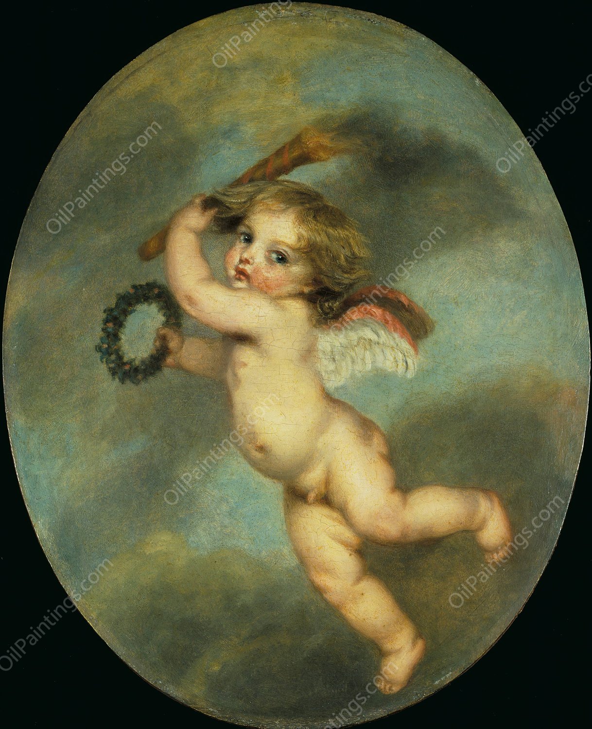 Flying Cupid with a Torch  by Jean-Baptiste Greuze - Hand-Painted Oil Painting Reproduction