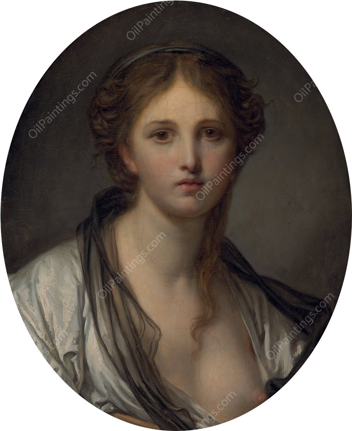 Portrait of a young woman, bust length, with a black scarf by Jean-Baptiste Greuze - Hand-Painted Oil Painting Reproduction