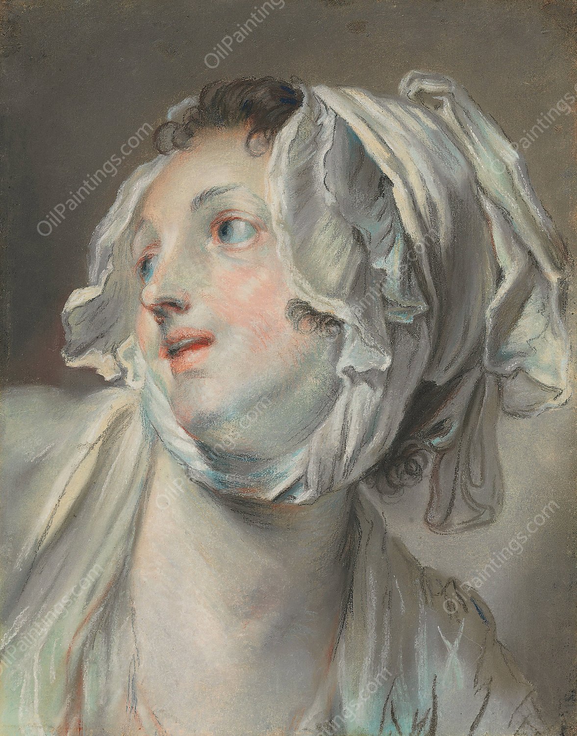 The head of a young woman wearing a bonnet and facing left by Jean-Baptiste Greuze - Hand-Painted Oil Painting Reproduction