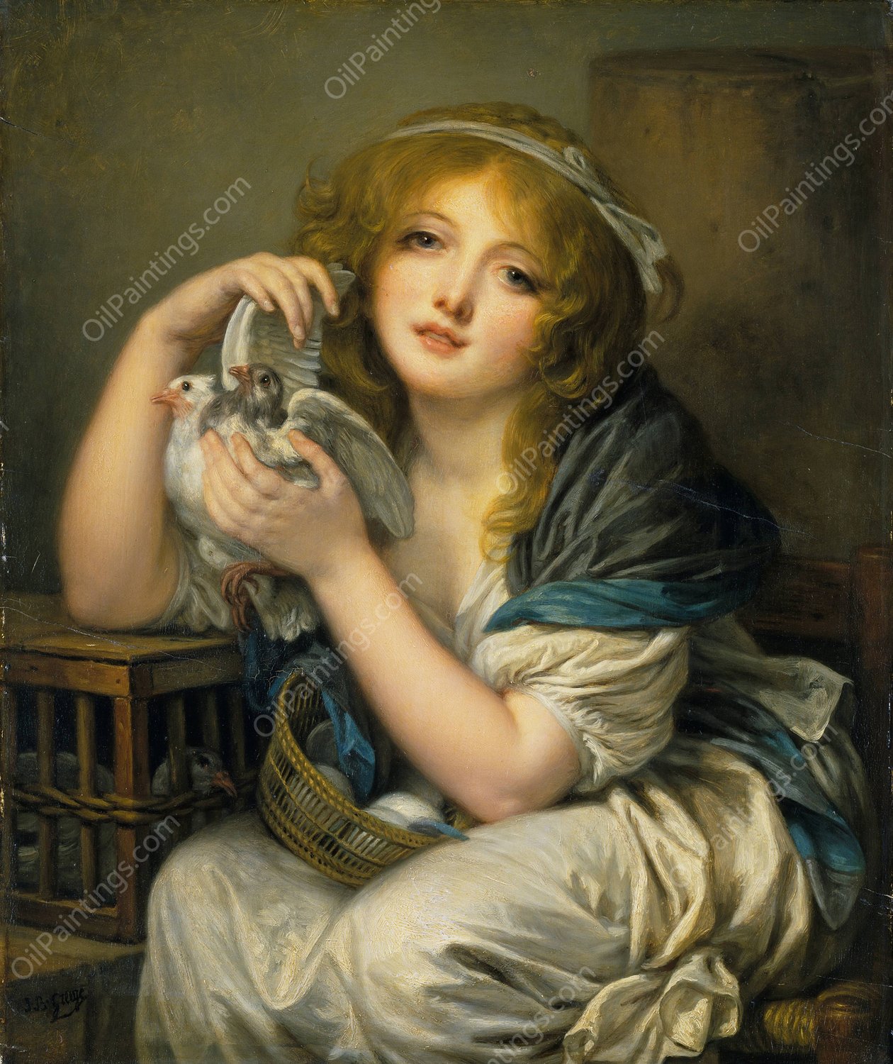 Woman with Doves  by Jean-Baptiste Greuze - Hand-Painted Oil Painting Reproduction
