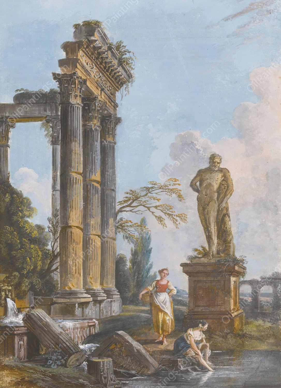 A View Of A Ruined Temple With Washerwomen by Jean-Baptiste Lallemand - Hand-Painted Oil Painting Reproduction